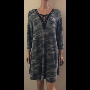 Camo Lace Up V Neck Shirt Dress